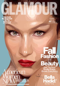 Illustrated digital portrait of Bella Hadid with red lipstick. Editorial for Glamour Magazine with the words, Fall Fashion and Beauty, America Women Now.