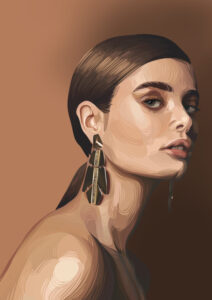 Illustrated draw image of super model Portrait. Earings and brown hair.