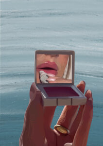 Illustrated image on women putting on lipgloss in her mirror in her blush pallet with blue sky behind and