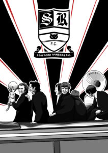 Illustrated image of Stafford Rangers players on a bus in the centre with black, white and red stripes pointing out with the logo.