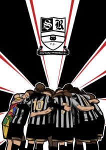Illustrated image of Stafford Rangers players in the centre with black, white and red stripes pointing out with the logo.