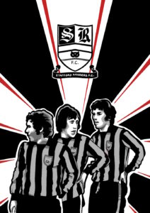 Illustrated image of Stafford Rangers players in the centre with black, white and red stripes pointing out with the logo.