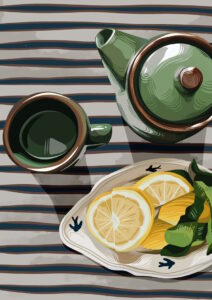 Illustrated Birds Eye view of a vintage green teapot and cup with a side plate with lemons on a blue stripe table cloth.