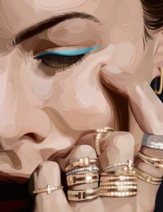 Illustrated image of Tiffany and Co Jewellery portrait. Close up of a women's face with hand with stacked rings placed on face. The makeup with blue eyeliner.