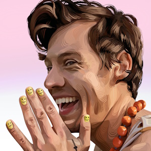 Illustrated portrait of Harry Styles with yellow nail polish.