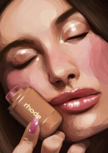 Illustrated portrait of Hailey beiber with her brand rhode cosmetics.
