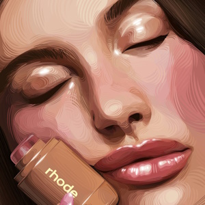 Illustrated portrait of Hailey beiber with her brand rhode cosmetics.